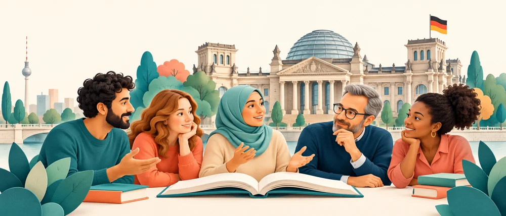 Illustration: Menschen lernen gemeinsam über Deutschland vor dem Reichstagsgebäude