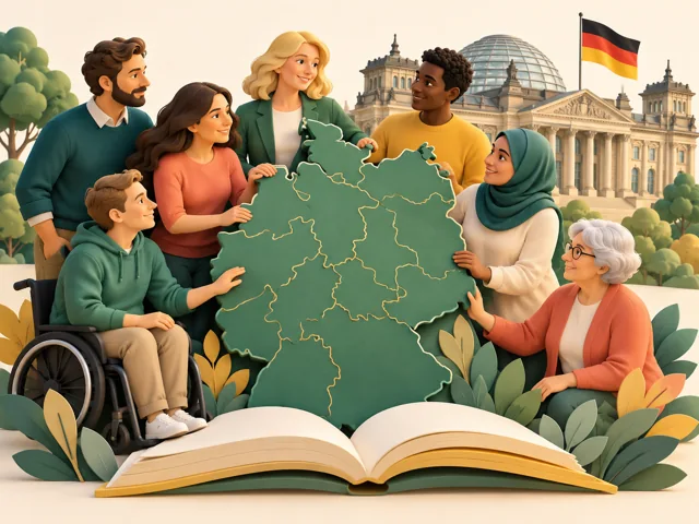 Menschen, Gesetzbuch und öffentliches Gebäude als Symbole des deutschen Staates