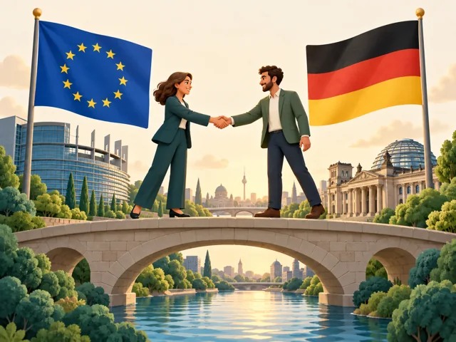Deutsche und europäische Flagge als Symbole der Zusammenarbeit