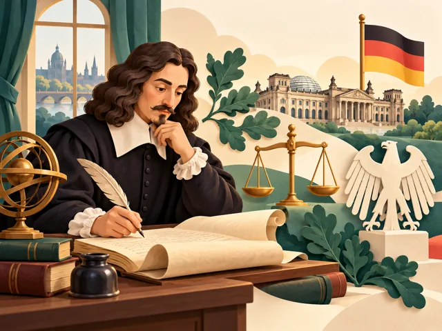 Historischer Denker mit Schriftstücken über die Begrenzung von Macht