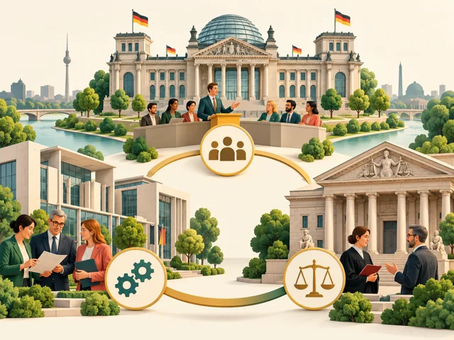 Drei unterschiedliche öffentliche Einrichtungen als Symbol der Gewaltenteilung
