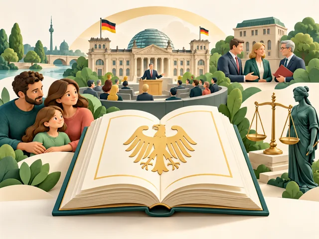 Verfassungsbuch mit Symbolen für Grundrechte und staatliche Einrichtungen