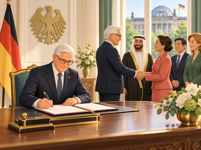 Staatsoberhaupt unterschreibt ein Dokument und empfängt Gäste